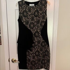 Joseph Ribkoff Black and Beige Floral Dress with pablum on one side